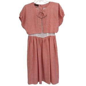 Vintage Joumei Red Gingham Check Midi Dress Bow Button Back Japanese Retro 40in